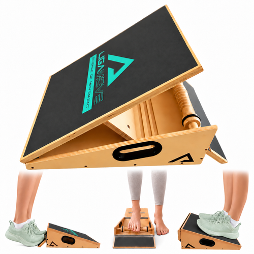 Infographic showing the key uses of the Adjustable 3-in-1 Wooden Slant Board with calf stretcher, Foot Massage Roller and Toe Stretcher for plantar fasciitis discomfort