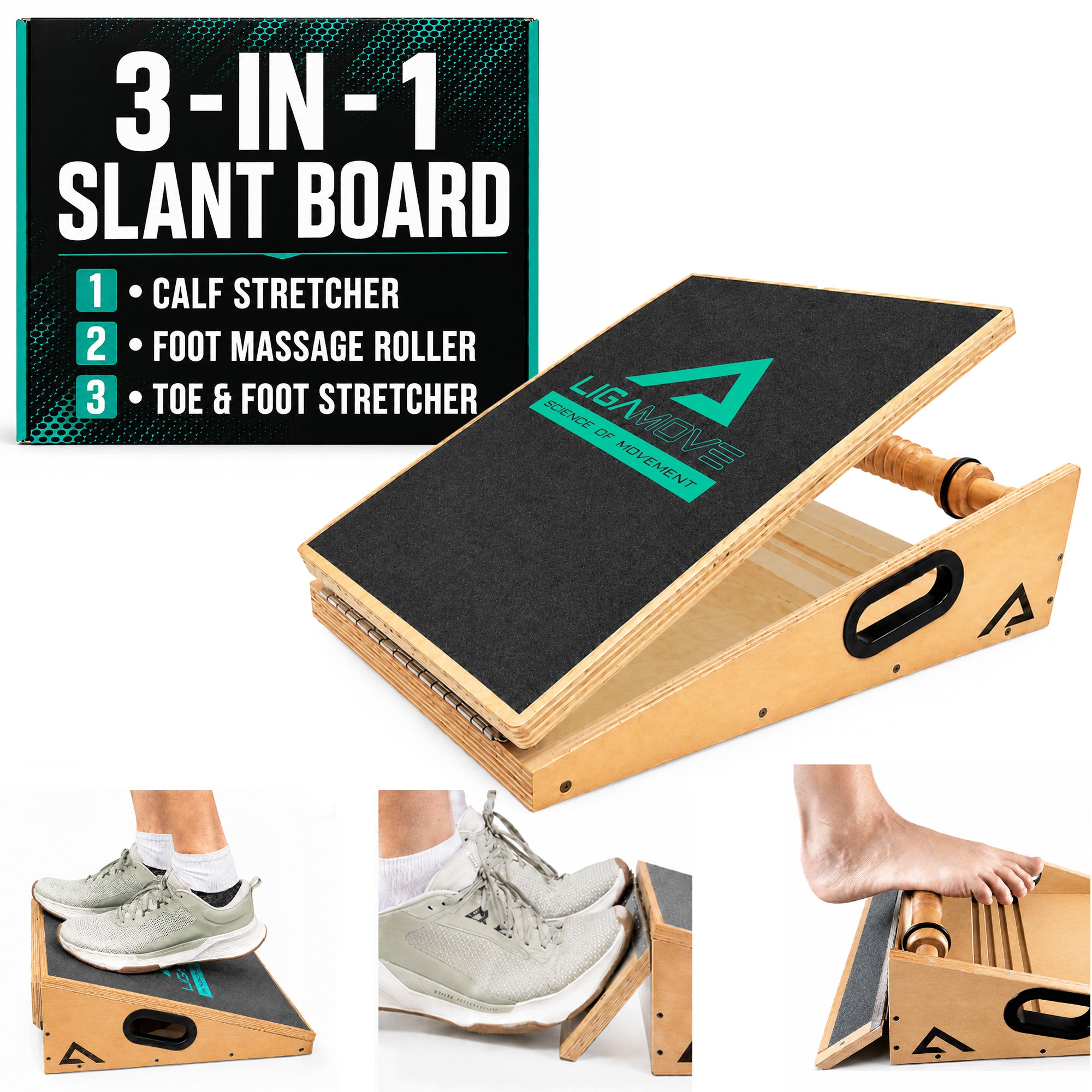 3-in-1 SLANT BOARD: Adjustable Calf Stretcher, Fold Out Toe and Foot Stretcher and Foot Massage Roller