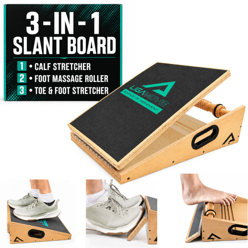 3-in-1 SLANT BOARD: Adjustable Calf Stretcher, Fold Out Toe and Foot Stretcher and Foot Massage Roller