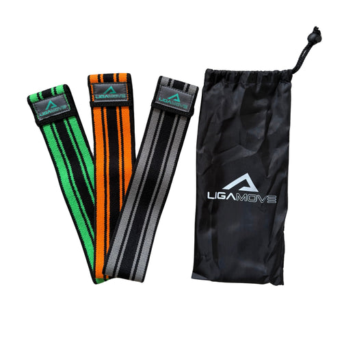 The three Ligamove booty bands in light, medium and heavy resistance, shown on a plain background