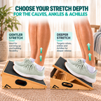 Infographic showing the range of stretch from gentle to deep for the calves, ankles and Achilles