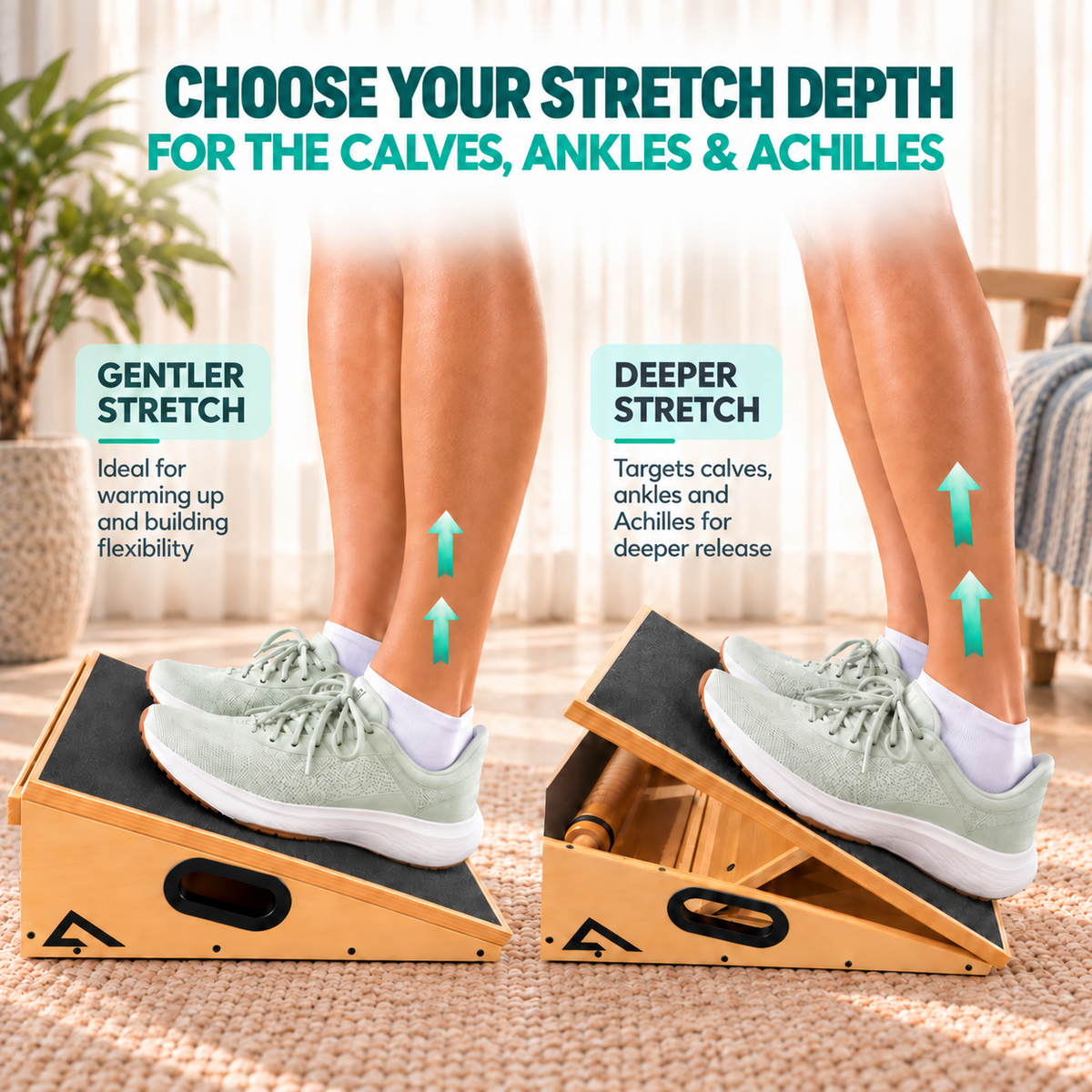 Infographic showing the range of stretch from gentle to deep for the calves, ankles and Achilles