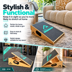 A wooden adjustable slant board with a black textured top surface and teal logo, shown in multiple indoor setting photos with promotional text. The product appears in a living room, gym, and studio/physical therapy space,