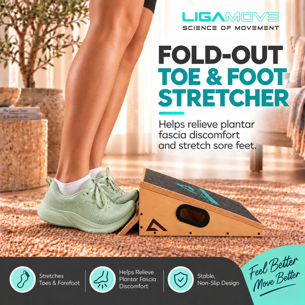 Infographic showing the fold out Toe Stretcher and Plantar Fascia Release Tool of the Ligamove Slant Board